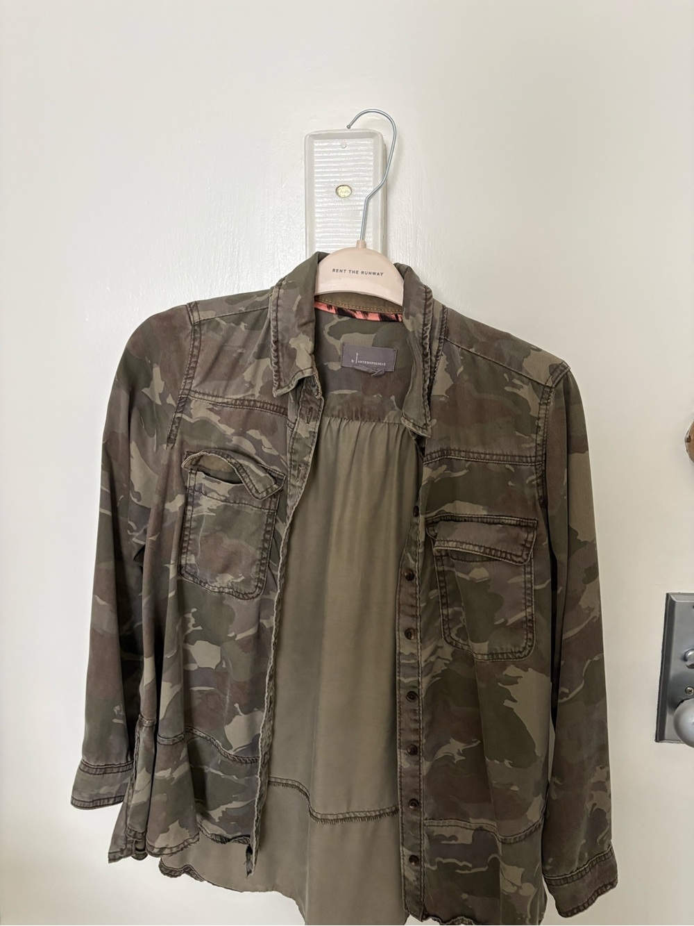 Anthropologie Olive Camo Jacket with Coral Trim